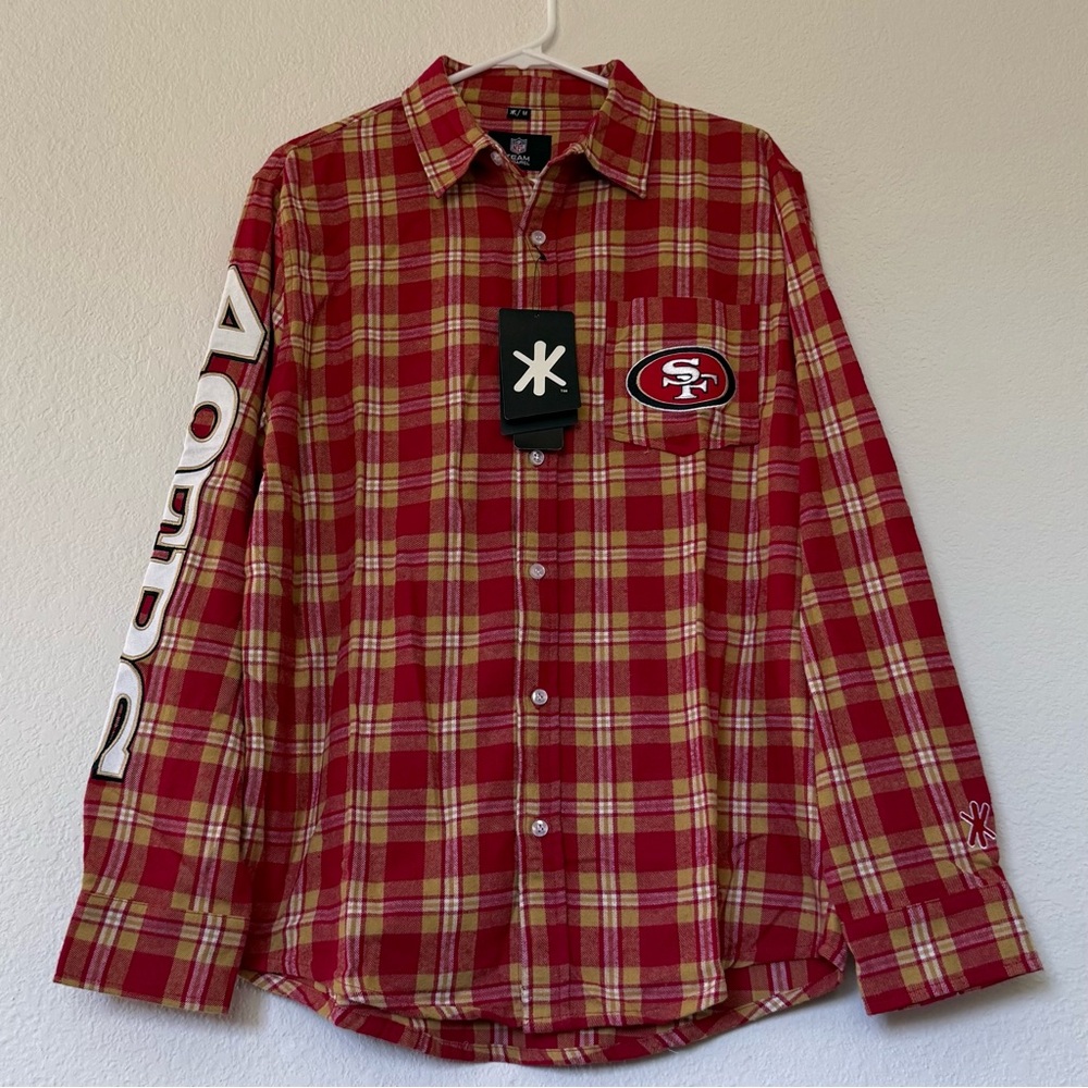 San Francisco 49ers Wordmark Flannel Long Sleeve Button-Up Men’s Shirt M - Plaid